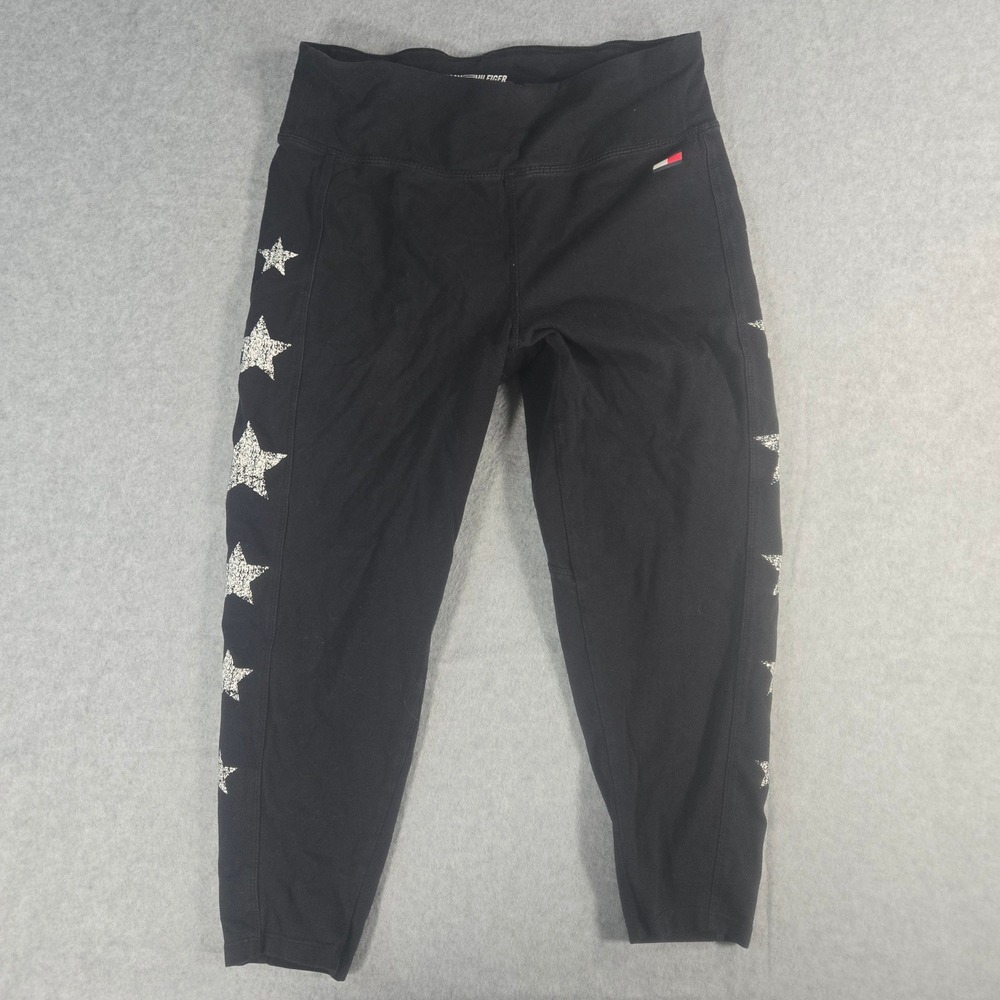 Tommy Hilfiger Sport Womens Black Glitter Star Leggings Size M Capri Crop